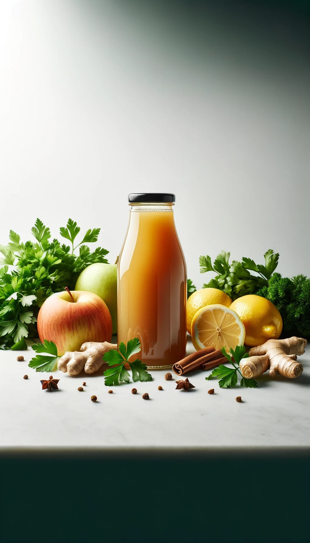 Celery, Apple, Parsley, Lemon, Lime, Ginger Juice