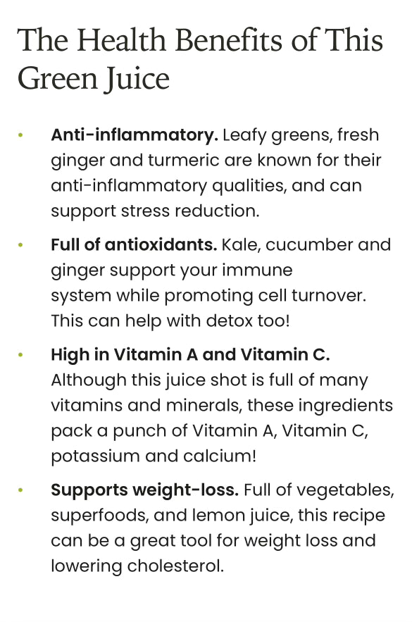 
                  
                    MegaBoost Green Juice Shot: Cucumber, Kale, Ginger, Lemon, Turmeric, Chlorophyll
                  
                