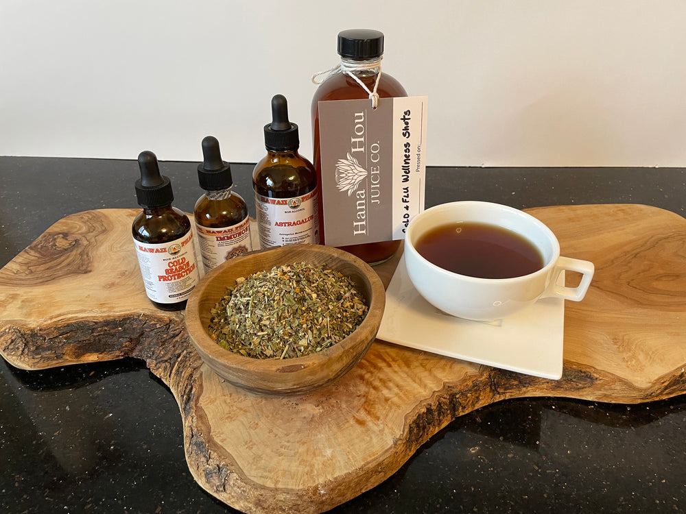 Cold Flu Wellness Tea Infusion Shots: Lemon Balm, Hawaiian Orange, Olive Leaf, Elderflower, Echinacea Herb & Root, Lemon peel, Elderberries, Golden Seal, Ginger, Astragalus, Cat's Claw, Pau D'Arco, Graviola, Red Ginseng, Vitamin D3 & K2, Hawaiian Honey